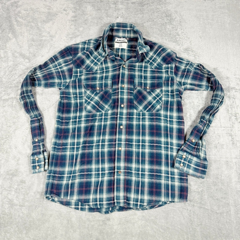 Ariat Mens Medium Retro Fit Western Pearl Snap Plaid Long Sleeve Shirt Blue